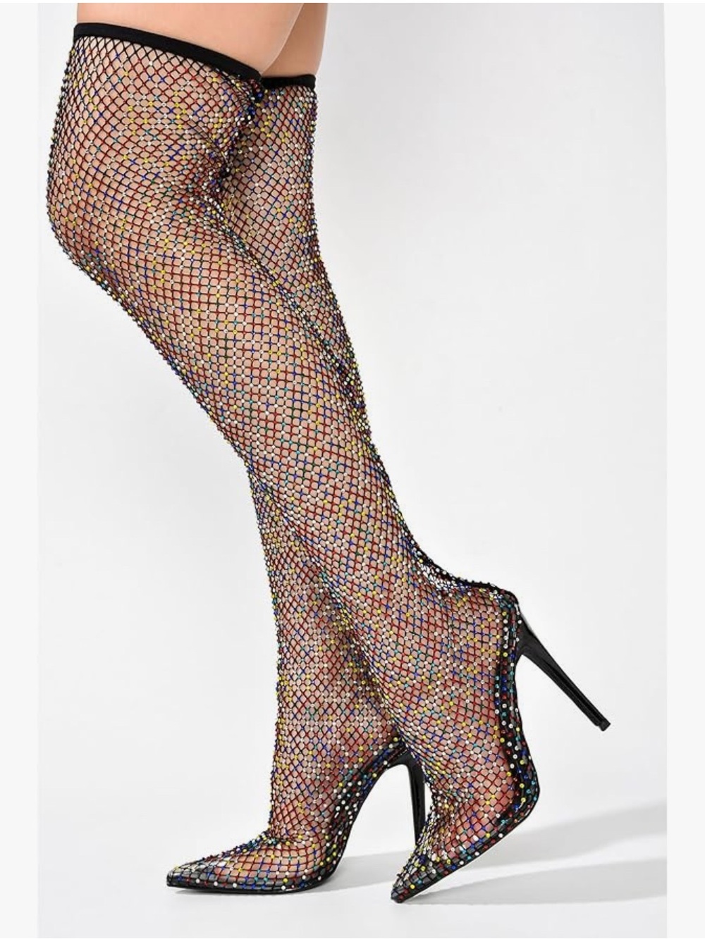 Fishnet Boots , Rhinestone  Thigh-High Boots - Multicolor